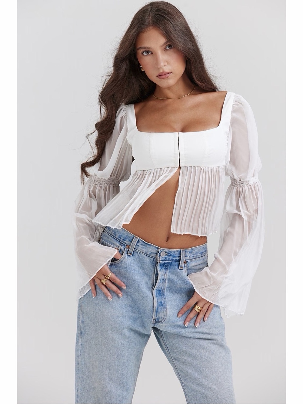 NWT House of CB Lucie Long Puff Sleeve Pleated Bustier Top in White